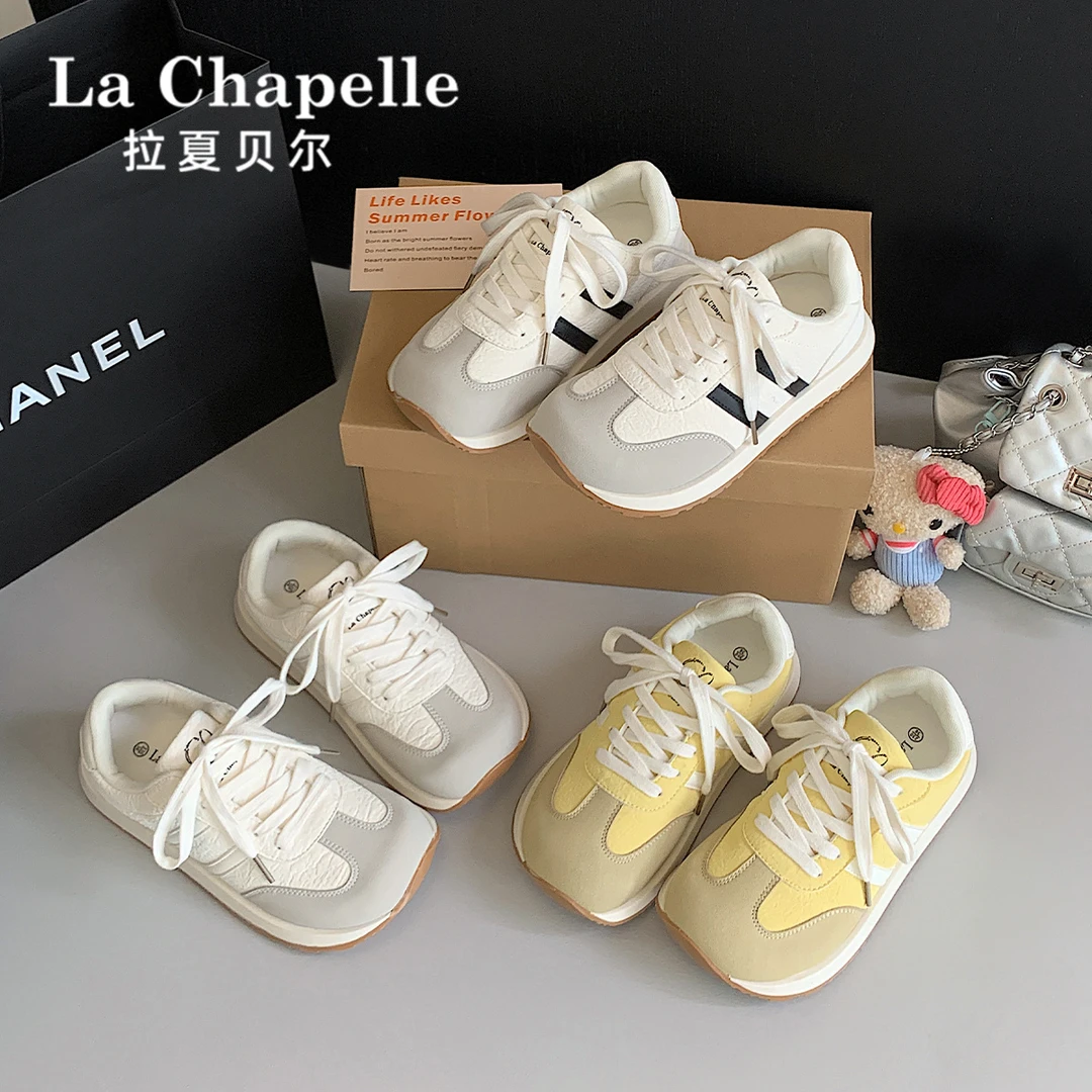 拉夏贝尔小白鞋女2025新款夏季透气软底运动休闲厚底复古运动板鞋