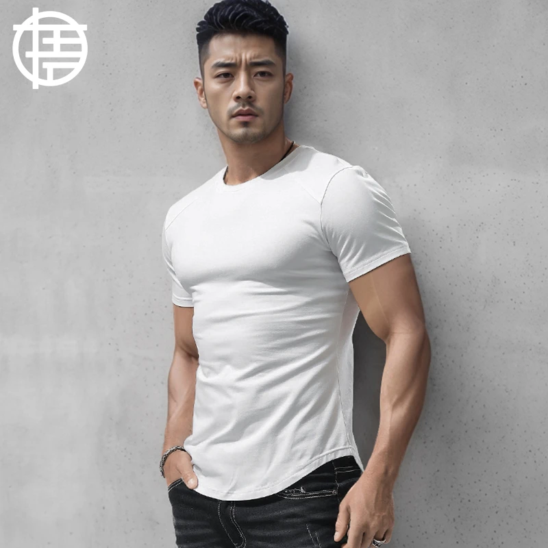 圆下摆修身T恤男士前短后长纯色棉运动健身紧身插肩袖打底衫夏季