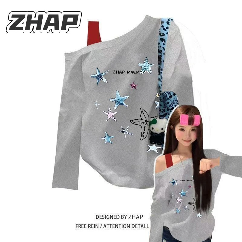 【ZHAP】斜领肩带长袖T恤女秋季甜酷蓝海星印花百搭爆款轻奢显瘦潮