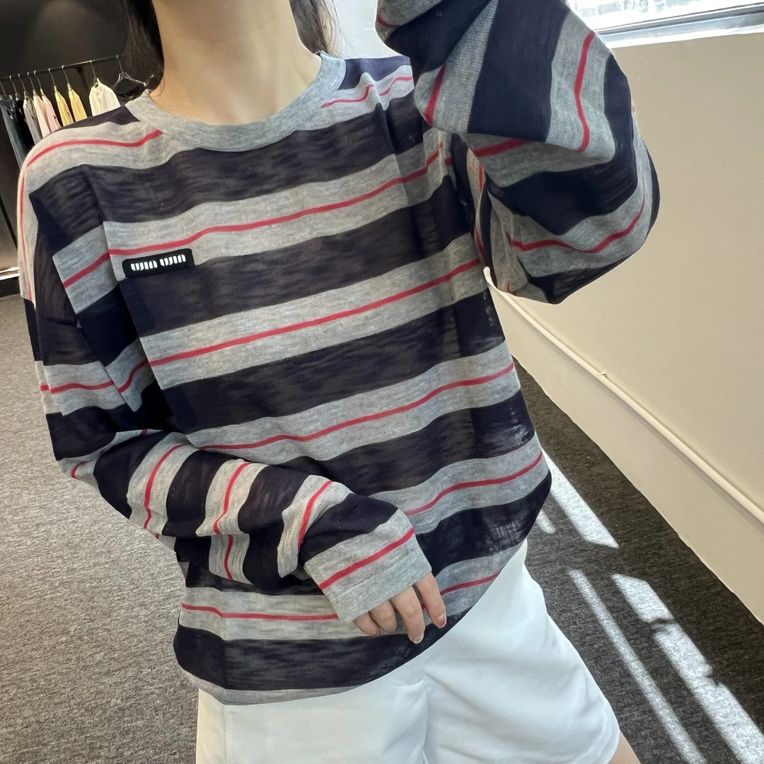 韩版条纹长袖防晒空调衫圆领宽松慵懒风时尚百搭休闲上衣61019