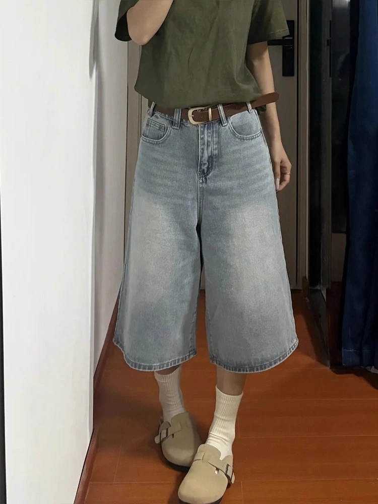 美式阔腿牛仔裤女夏七分裤大码女装胖mm宽松阔腿中裤