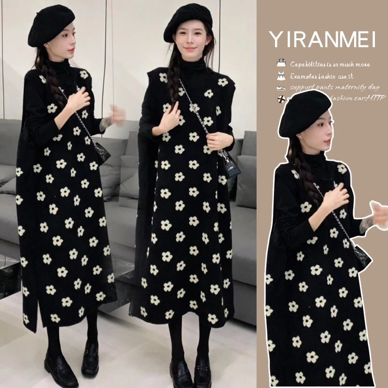 X3859#12.24 孕妇2025秋冬新款时尚花朵加厚背心+打底毛衣两件套