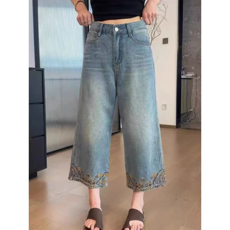 蓝色刺绣花边高腰阔腿牛仔裤女夏季欧货宽松显瘦休闲八分直筒裤子
