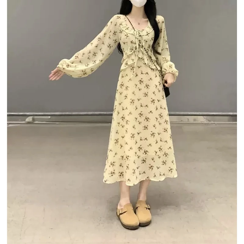 6002【杏花疏影】复古显瘦法式碎花百搭连衣裙（T01）