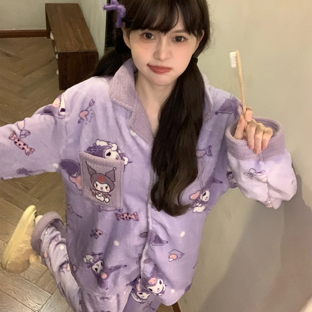 珊瑚绒睡衣女士秋冬季大码加厚法兰绒可外穿库洛米套装冬天家居服