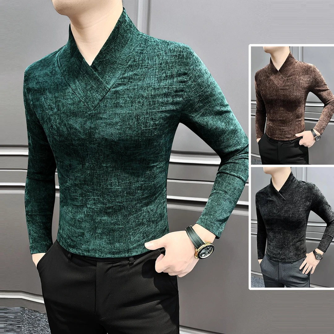 雪尼尔男士打底衫2025新款冬季V领上衣高级感保暖修身中领内搭t恤