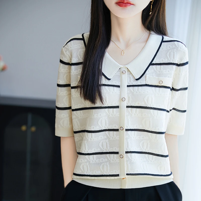 哥弟阿玛施正品翻领短袖拼接时尚设计感条纹显瘦撞色V领宽松T恤衫