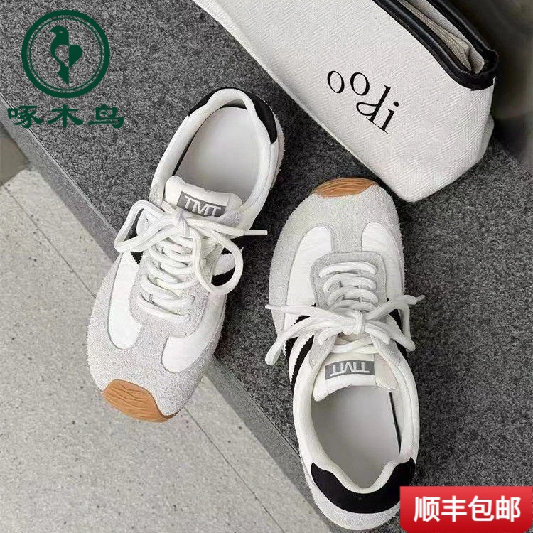 啄木鸟拼色系女带休闲鞋复古年2025小白鞋鞋平底运动感百搭德训