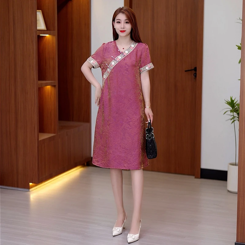 中国风中腰夏季斜襟套头休闲连衣裙中长款夏装气质复古山系2501