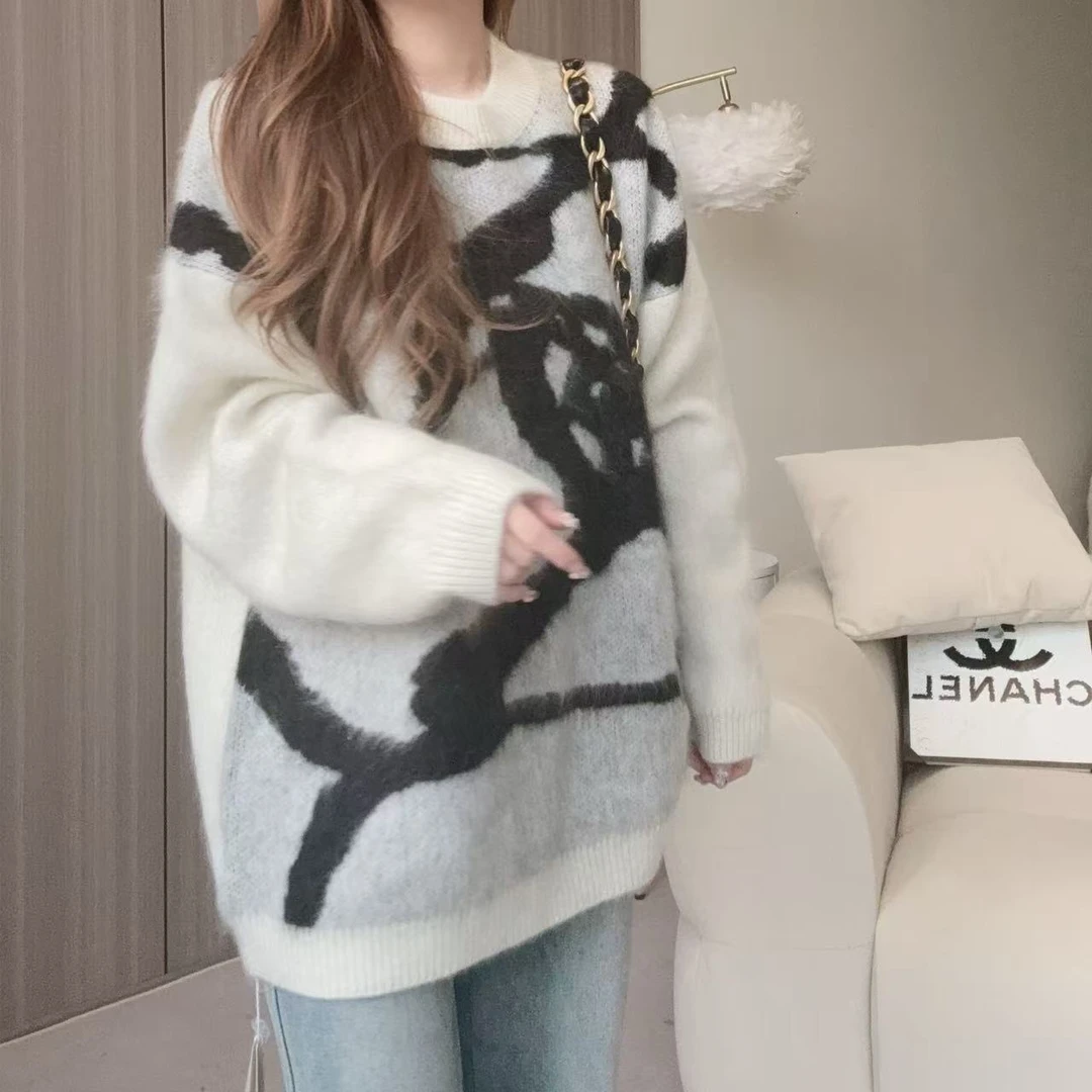 【百分百山羊绒】241684秋冬拉绒厚款羊绒衫水墨画设计慵懒随性