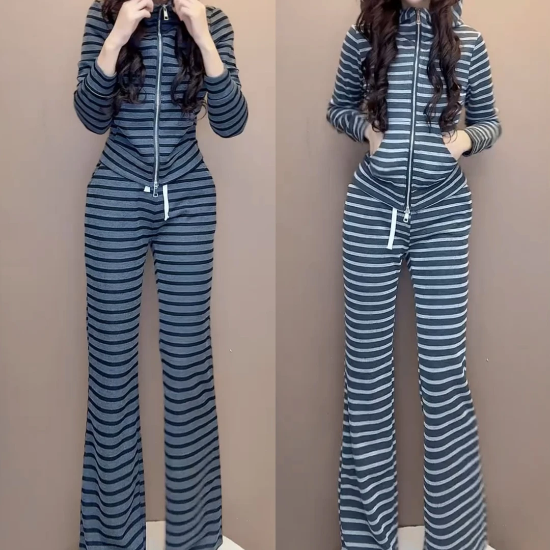 休闲运动条纹时尚显瘦开衫上衣微喇裤套装女春季搭配