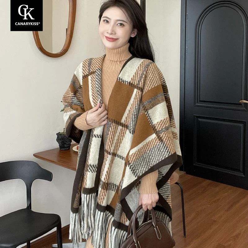 Canary Kiss美拉德格纹拼色斗篷披肩女复古保暖百搭流苏围巾披风