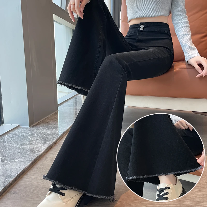 黑色弹力毛边微喇牛仔裤女2025秋季新款高腰显瘦设计感美式马蹄裤