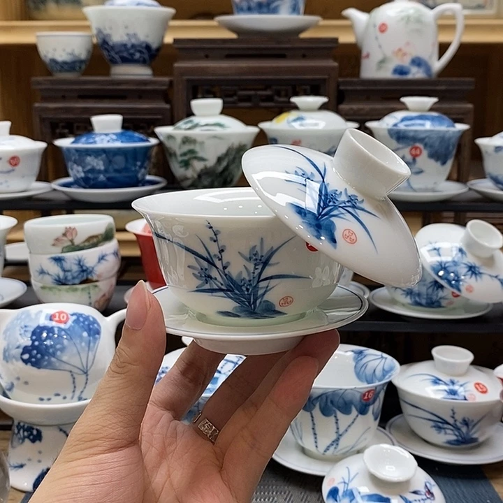 手绘兰花悬停盖碗釉下彩高温瓷微瑕福利款