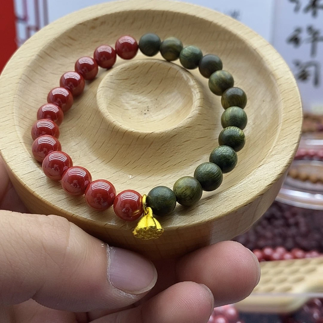 天然辰砂帝王砂绿檀搭配饰品8m