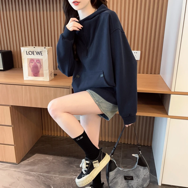 小众设计感半拉链连帽卫衣女早秋季新款宽松网红时尚百搭减龄上衣