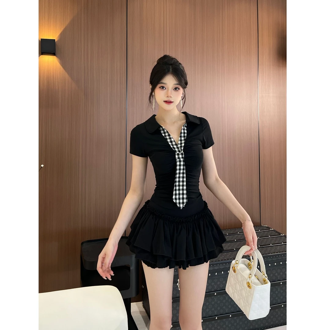 衣小诗【韩系甜妹】气质夏季学院纯欲辣妹风收腰夏日黑茶蓬蓬裙