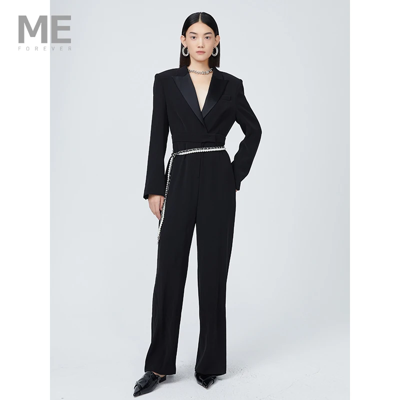 贤哥粉丝专享真我永恒黑色西装连体裤女装2025春季新款宽肩收腰显