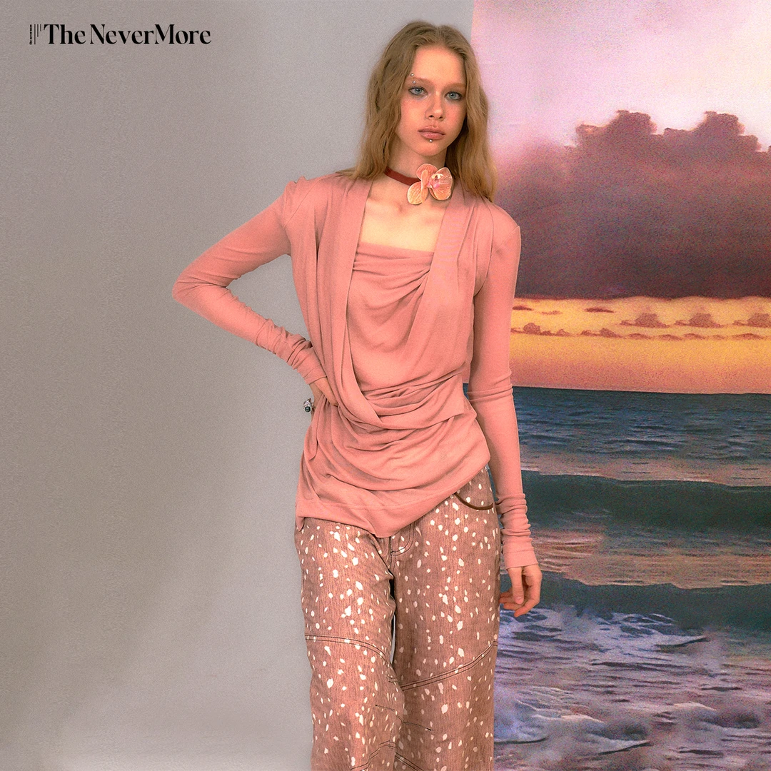 TheNeverMore「落日熔金」交叉荡领长袖针织气质上衣T恤打底衫女