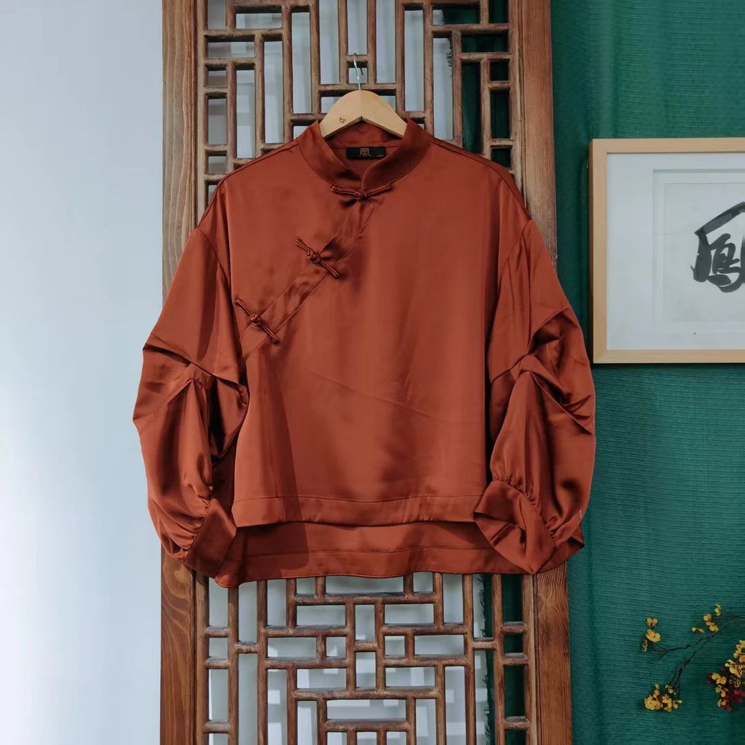 （SY5433） 凤徕兮私人定制红棕色光板醋酸捏褶袖斜襟盘扣短上衣