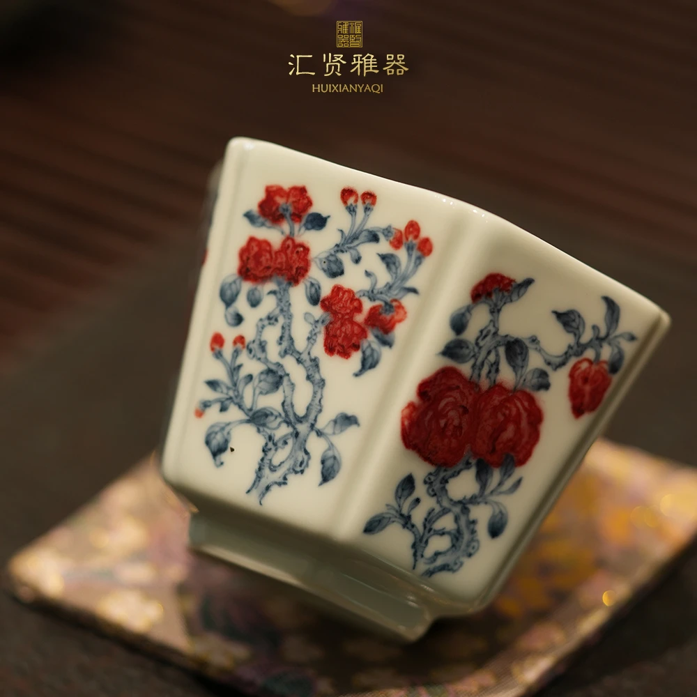 青花釉里红花卉六方杯120cc手工纯手绘茶器茶杯主人杯客杯茶具