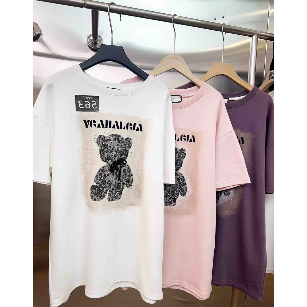 Cherryjar【563】卡通甜美小熊印花黑丝绒立体蝴蝶结装饰烫钻短袖