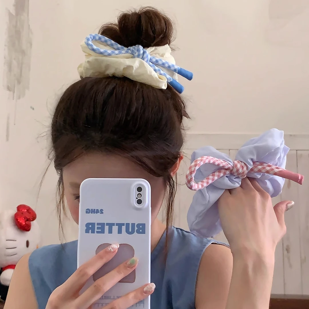 学院少女！粉蓝格打结飘带大肠圈发绳蓬松云朵发圈头绳丸子头皮筋