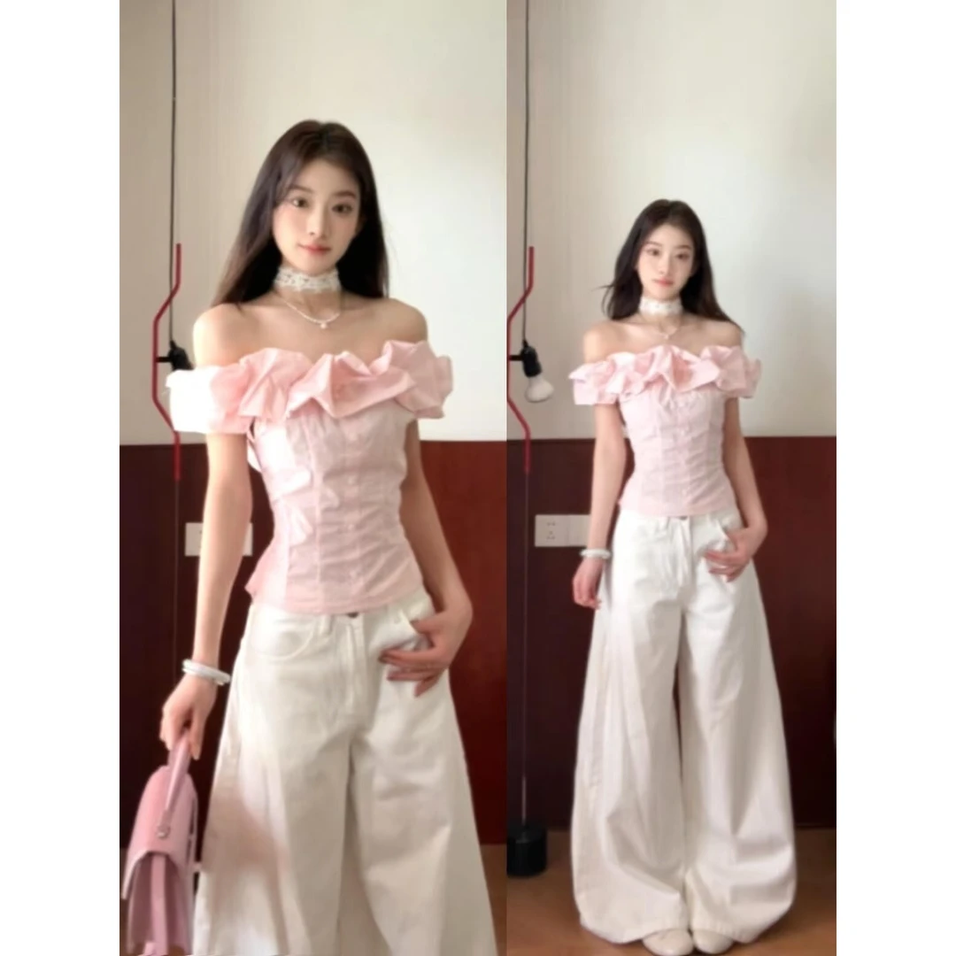 韩系粉色荷叶边一字肩短袖t恤女夏季温柔风设计感露锁骨打底上衣