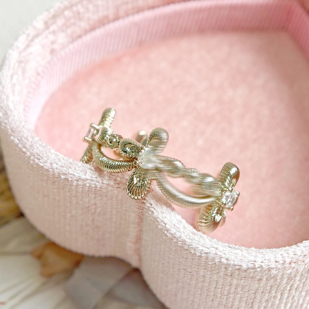 铜合金合成锆石戒指 蕾丝微光十字架满圈轻奢法式复古开口戒指