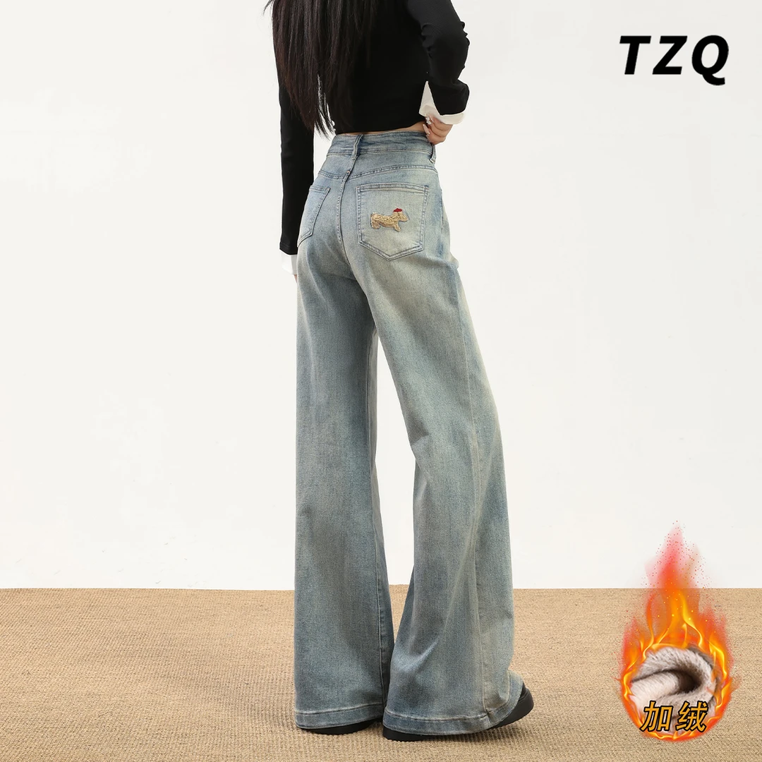 浅蓝色刺绣阔腿牛仔裤女款爆款2025加绒秋冬爆款高腰宽松拖地裤子