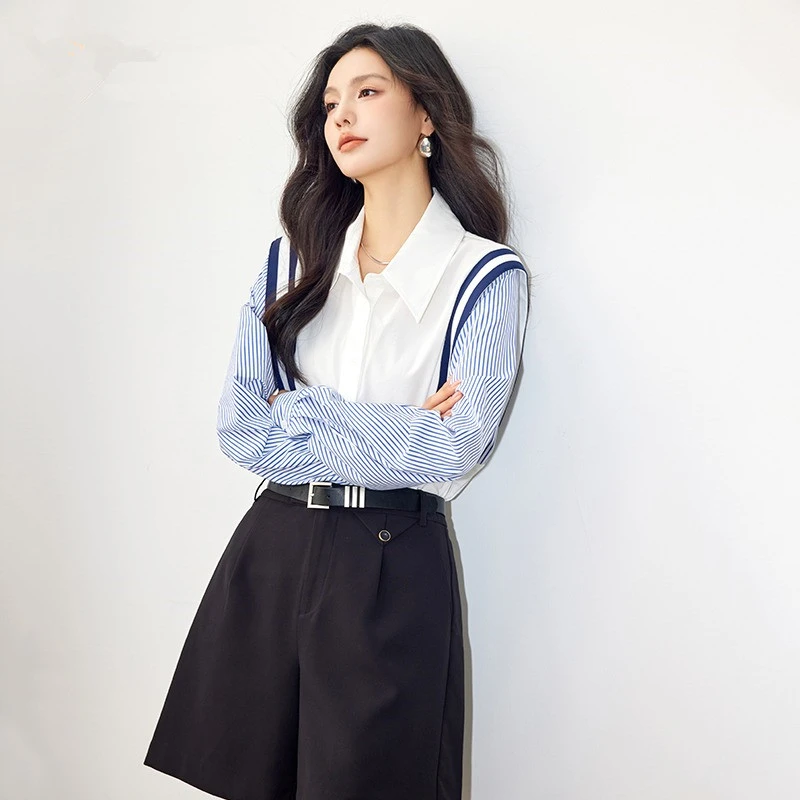 法式拼色撞色条纹衬衫女2025夏季新款时尚宽松长袖显瘦气质衬衣女