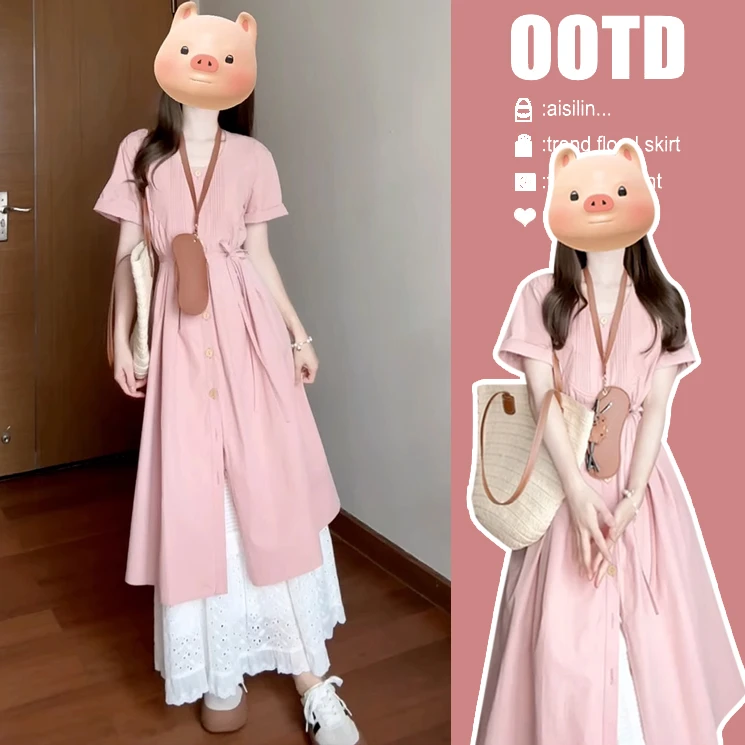 大码女装2025春夏新款法式气质百搭蛋糕裙休闲舒适外穿连衣裙套装