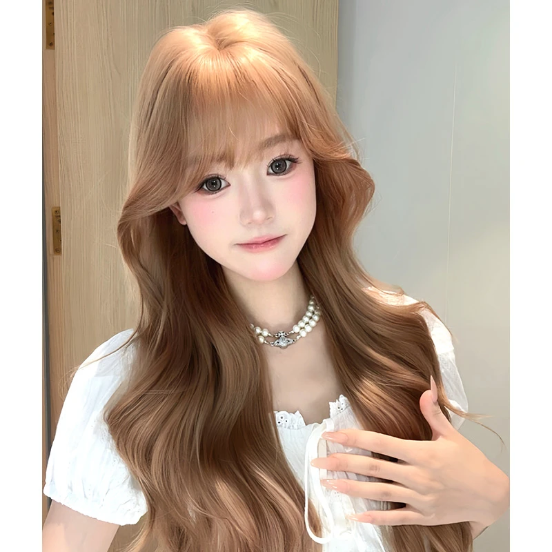 【甜宠学妹】韩系氛围感奶茶香槟长卷发女款假发小额蕾丝中分全头套