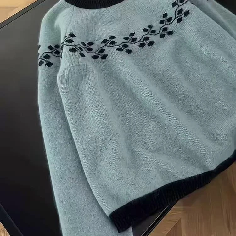 超好看浅蓝色时髦百搭显瘦圆领藤条毛衣  16273-