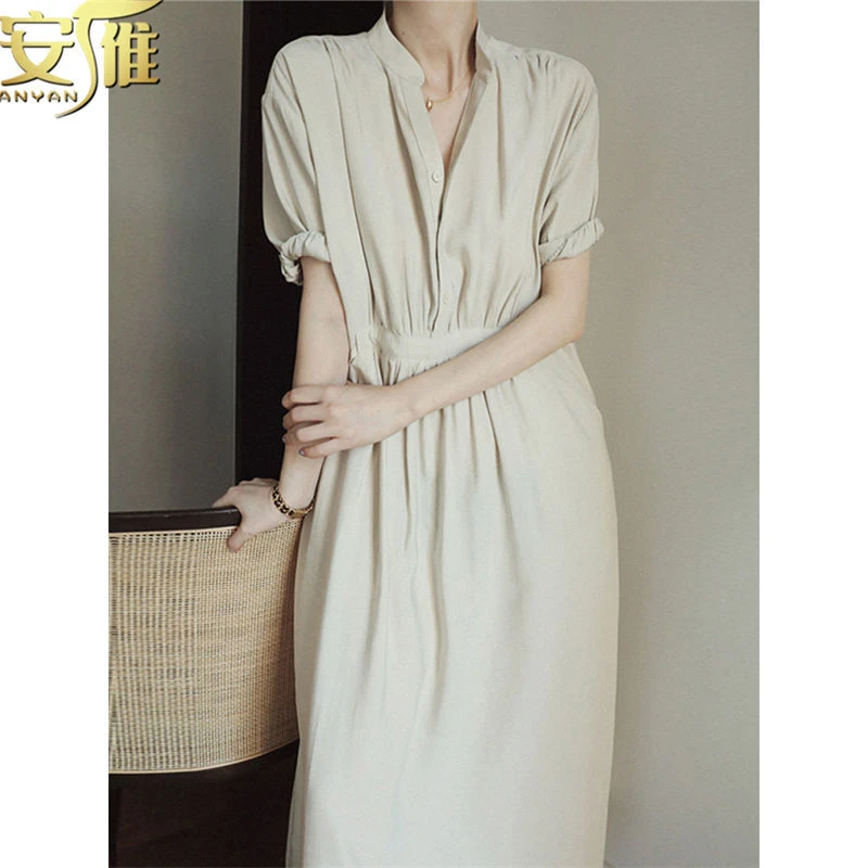 安雁日系简约连衣裙女2023夏季新款收腰显瘦气质短袖纯色显瘦裙子