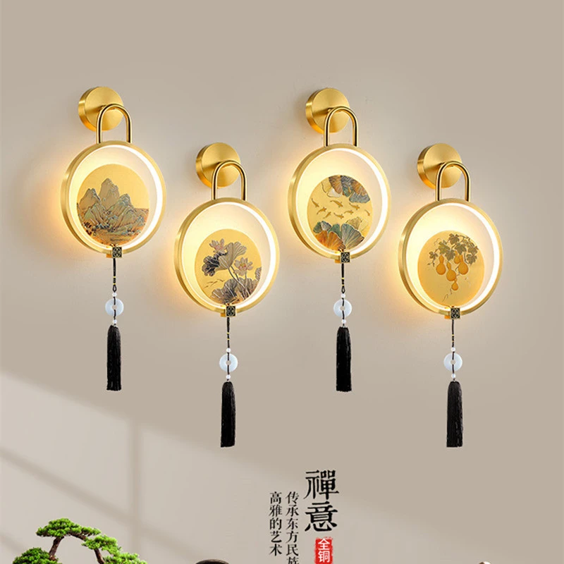 全铜新中式壁灯简约客厅背景卧室床头书房别墅禅意山水雕刻装饰灯