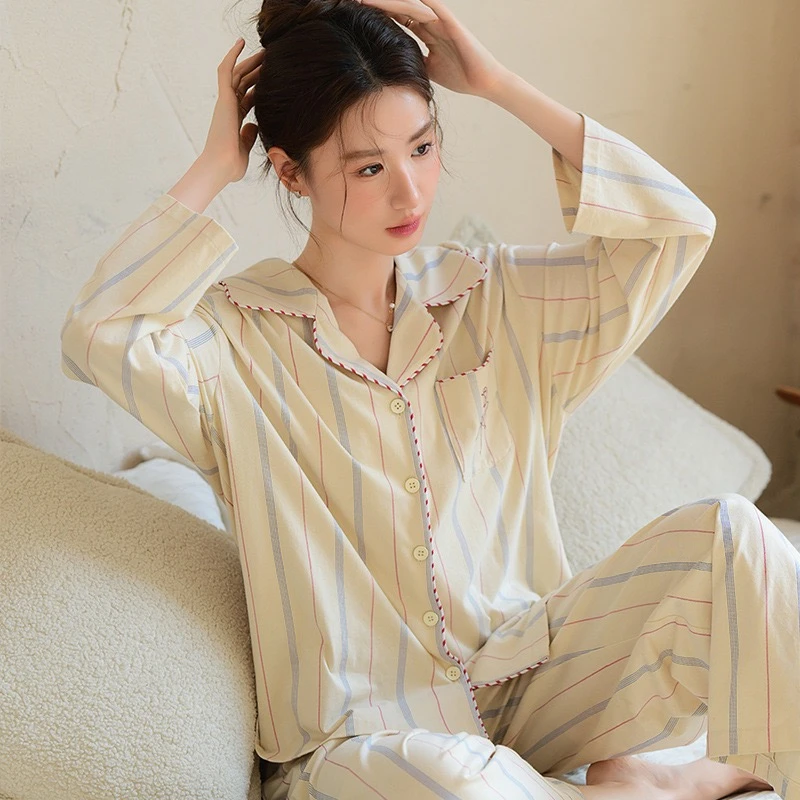 【柚熙套装】韩系条纹樱花长袖长裤家居服套装-25KT0230-A