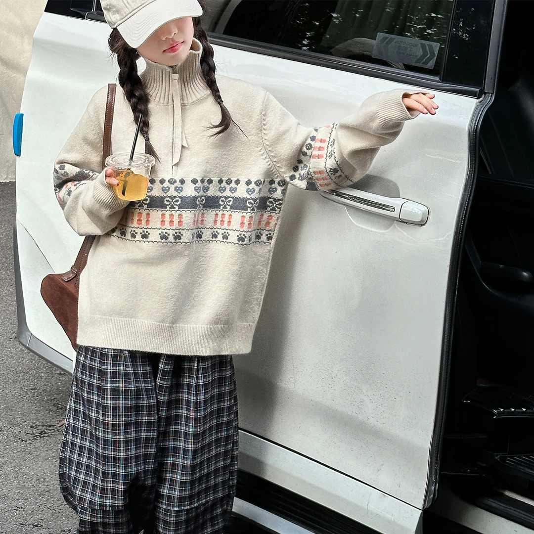 女童时尚半高领提花毛衣秋冬季2025新款女大童冬装洋气针织衫上衣