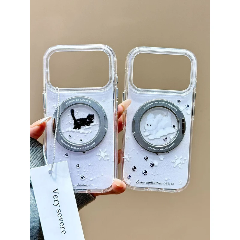 冬日可爱雪中猫咪狗狗支点壳适用苹果17promax手机壳15iphone16