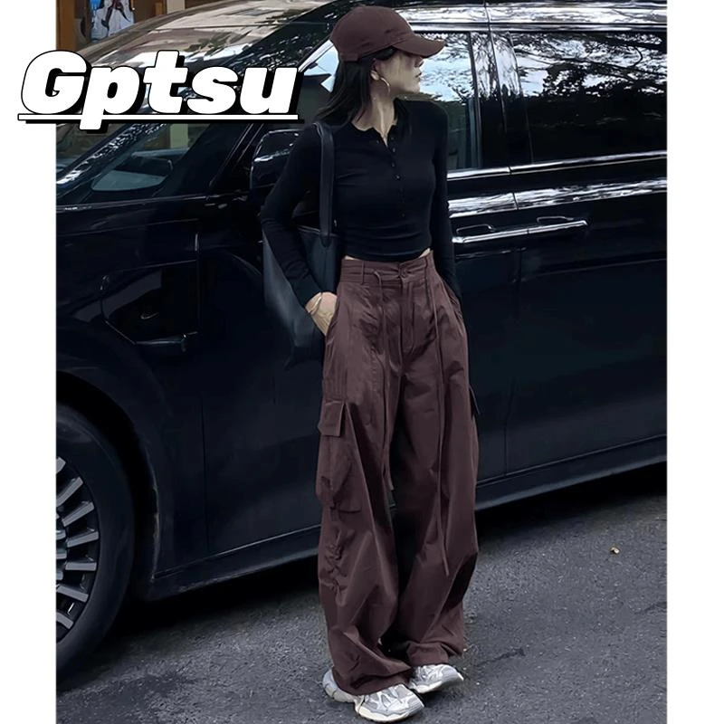 GPTSu春秋季新款美式休闲小众宽松设计感阔腿裤拖地裤百搭工装裤