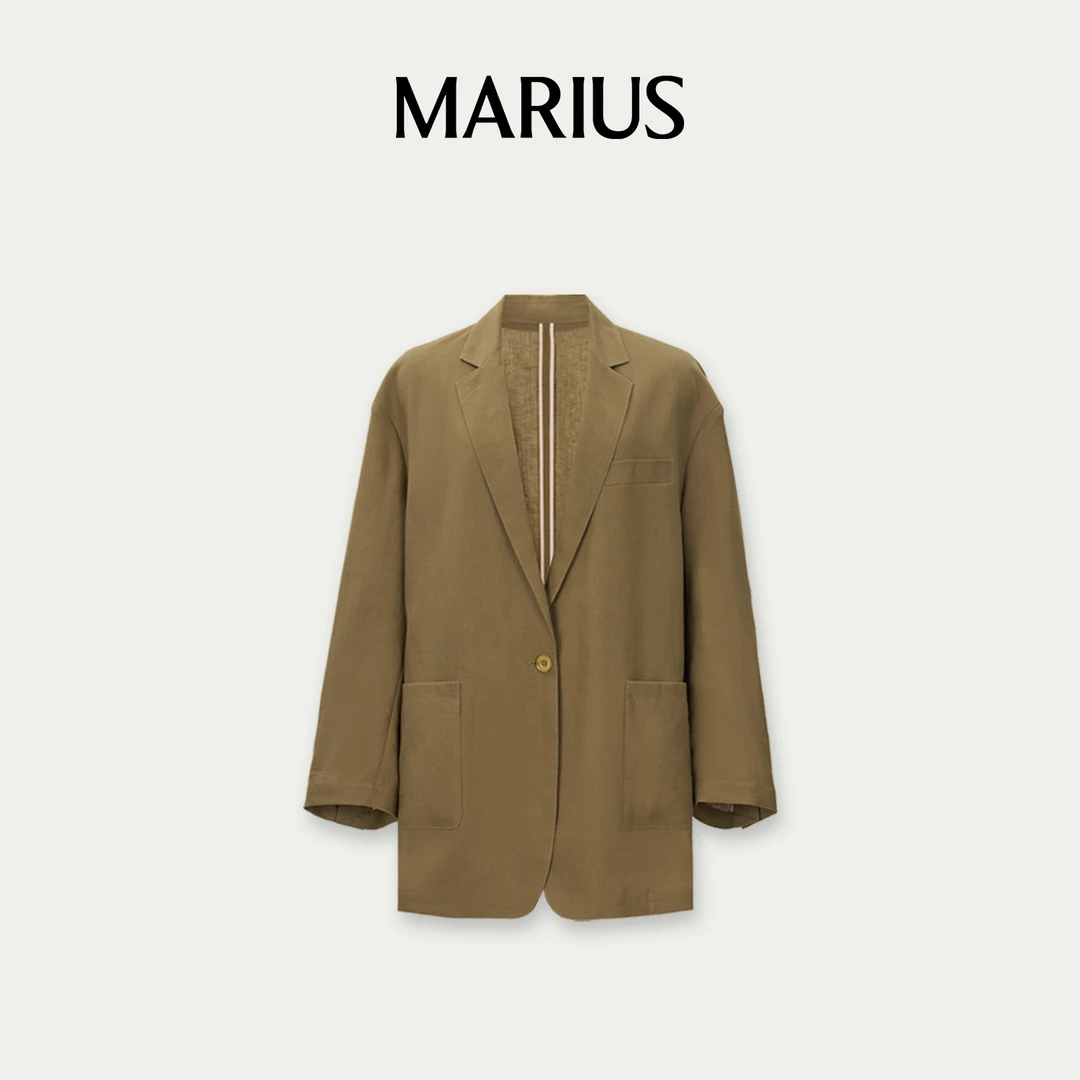 MARIUS“流浪诗人”宽松百搭纯色长袖袖直身亚麻宽松小领西装时尚