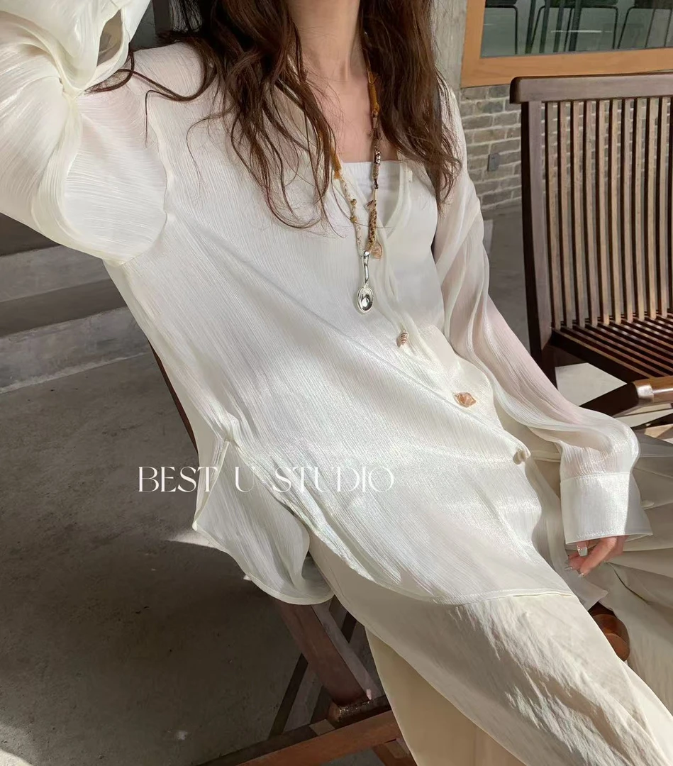 米古古BU #1798#福 薄款慵懒宽松罩纱衬衣