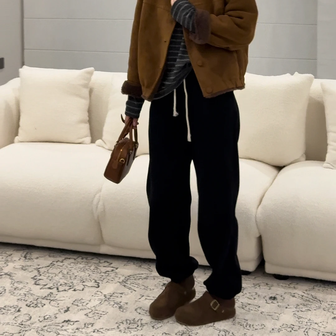 【郝洁】“慵懒时光”轻柔舒适百搭慵懒感松紧腰加绒束脚卫裤52201