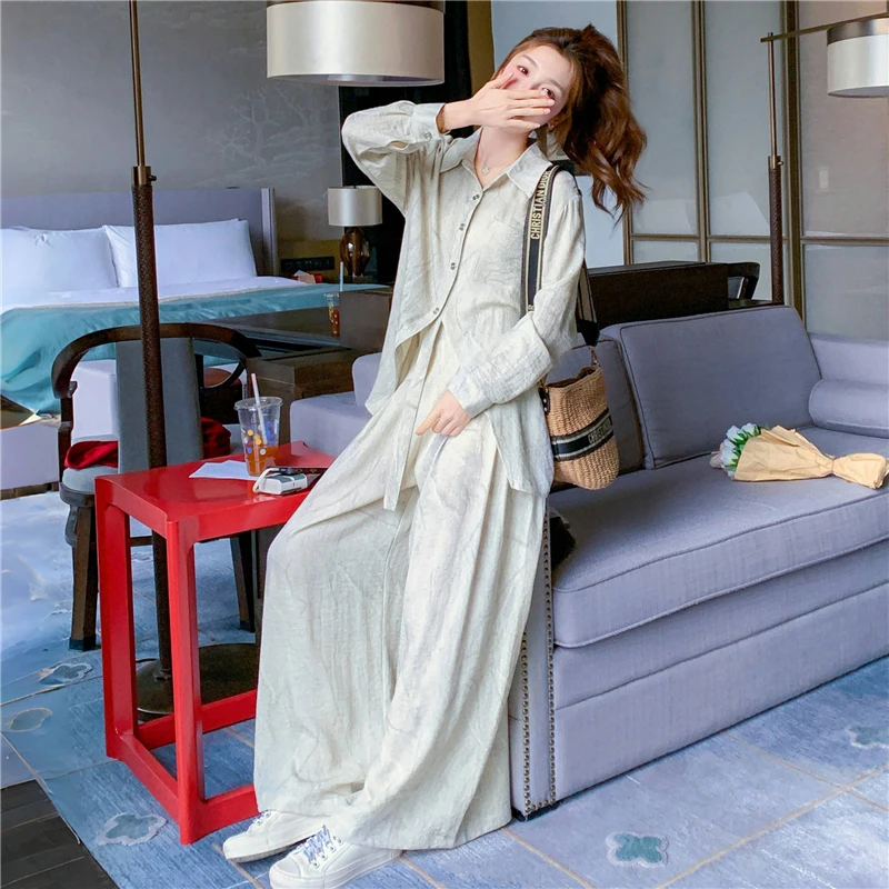 慵懒风扎染套装女秋大方得体穿搭休闲宽松开叉衬衫阔腿裤两件套