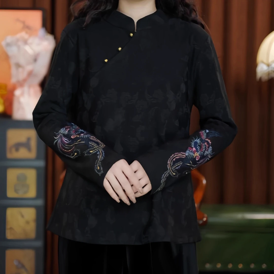 一代佳人（黑色）斜襟领刺绣长袖中式国风上衣秋冬打底衫加绒女装