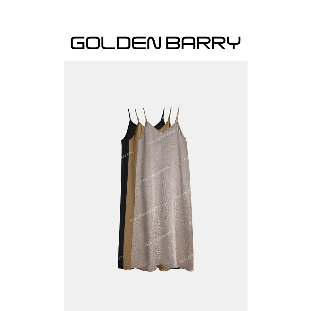 GOLDENBARRY|303061肌理醋酸V领吊带连衣裙