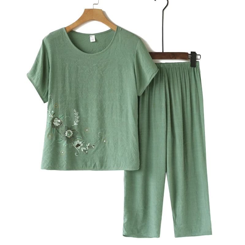 中老年夏季印花棉麻套装休闲大码妈妈洋气女装宽松睡衣两件套奶奶