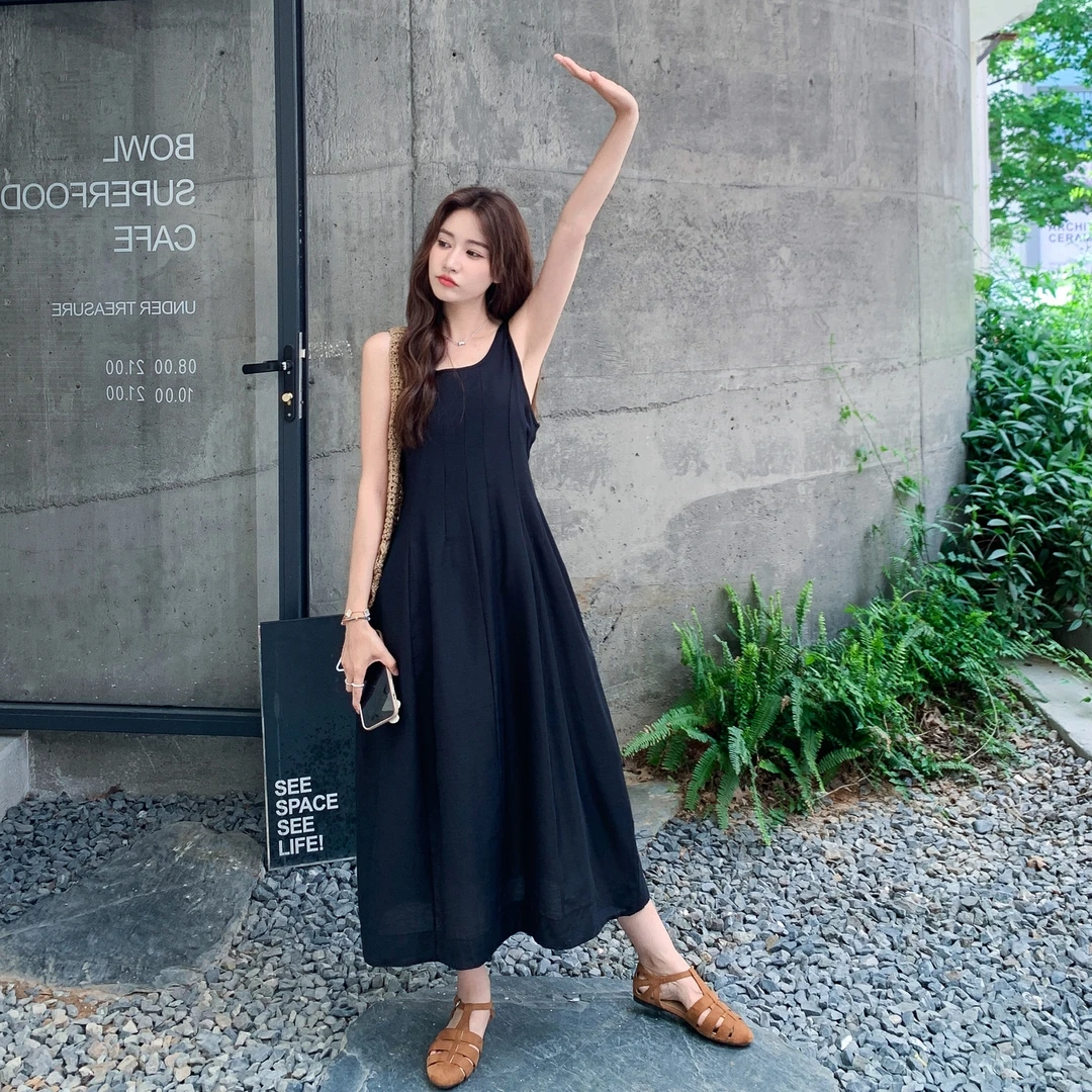 韩国chic夏季法式度假风方领修身显瘦压褶长款吊带裙背心连衣裙女