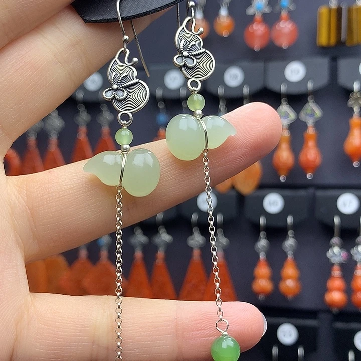 和田玉耳饰银S925镶嵌春****满