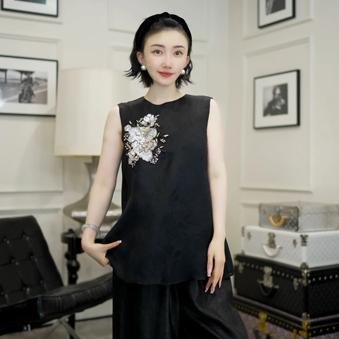 Betty Bairn【等烟雨】100桑蚕丝提花无袖上衣25B-BW10237